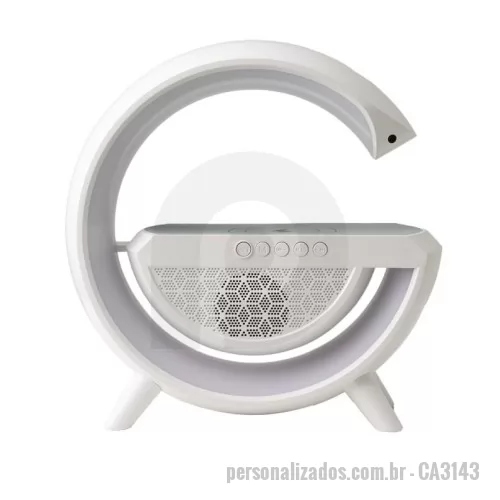 Caixa de som personalizada - Caixa de som com carregador por indução e luminária. Possui 6 modos de iluminação, opera nos modos bluetooth, rádio FM, auxiliar P2, USB e TF (cartão MicroSD). Para desfrutar do carregamento por indução (sem fio) é fundamental que o celular possua a tecnologia QI, o produto só armazena bateria para funcionamento próprio, para funcionar a indução precisa estar conectado a uma fonte de energia.