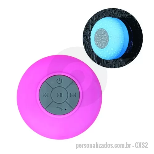 Caixa de som personalizada - aixa de Som Multimídia à prova D’Água emborrachada com ventosa(pode ser removida). Possui play/pause no centro e botão com desenho de telefone deve ser apertado para atender ligações. Compátivel com Iphone, Ipad, Ipod, aparelhos de celular e tablets. Acompanha cabo.