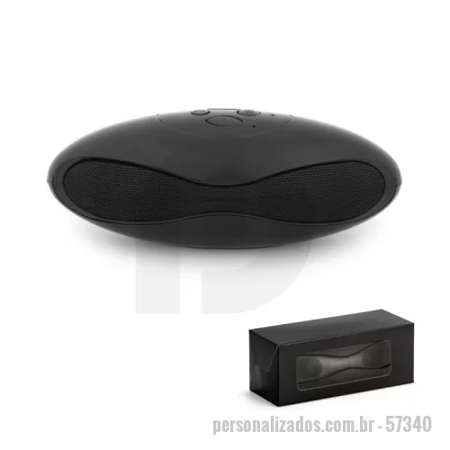 Caixa de som personalizada - Caixa de som portátil com microfone, em ABS e acabamento emborrachado. transmissão sem fios BT v3.0, potência de 3W/4? e autonomia aproximada de 3 h. Função para atender chamadas, controle de volume e conexão à playlist do dispositivo móvel. Incluso cabo USB para carregar. Fornecida em caixa presente. 150 x 56 x 58 mm | Caixa: 155 x 60 x 60 mm