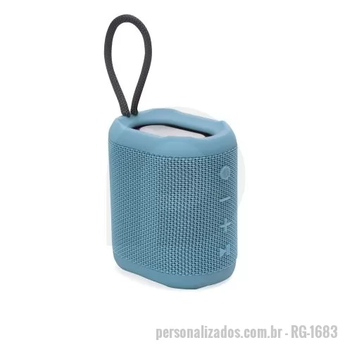 Caixa de som personalizada - Caixa de som multimídia resistente a respingos dágua feito em plástico com acabamento em tecido. Bluetooth 5.0 e tecnologia TWS.