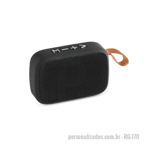 Caixa de som personalizada - Caixa de som portátil com microfone, em ABS, tecido em poliéster e acabamento emborrachado. BT v5.0, potência 3W/4?, autonomia aprox. 2h.