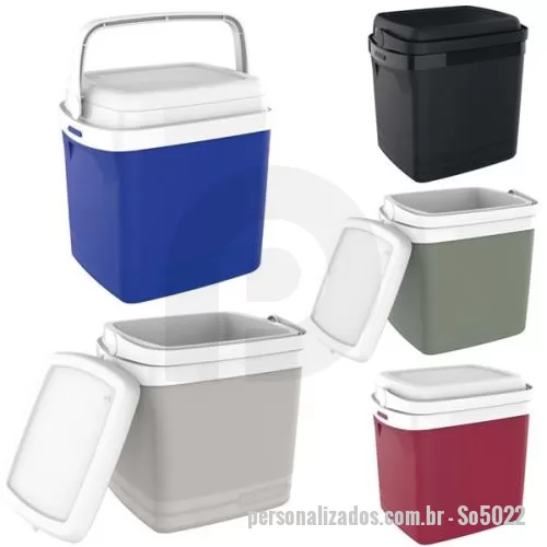 Caixa térmica personalizada - Caixa Térmica da marca (Soprano) modelo tropical, livre de bisfenol (BPA Free) com designer moderno, alça de mão articulável, retrátil e laterais embutidas, tampa com trava e isolamento térmico em isopor, disponível em diferentes cores, com capacidad