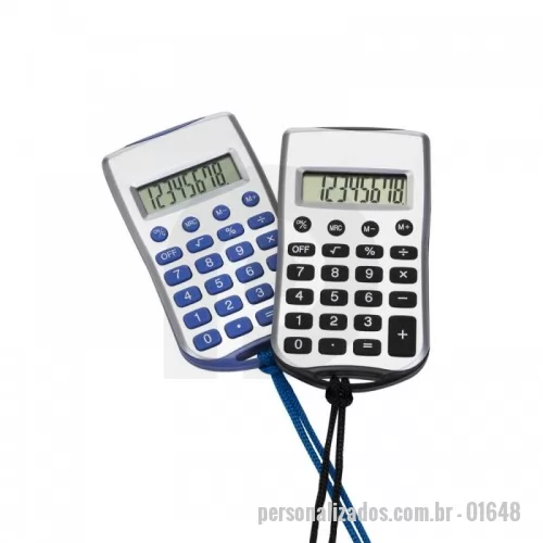 Calculadora personalizada - Calculadora plástica retangular de 8 dígitos prata com cordão e acessórios coloridos, necessita de 1 bateria AG10 para funcionamento(acompanha).