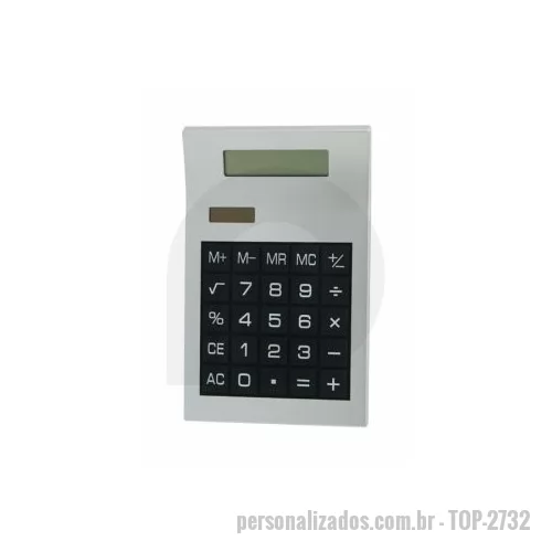 Calculadora personalizada - Calculadora plástica prata de 8 dígitos com detalhes preto. Modelo solar, parte inferior preta e com borrachas anti-deslizantes. Acompanha uma bateria L1131.