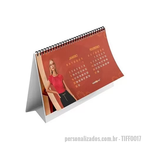 Calendário de mesa personalizado - Calendário de Mesa com base em Triplex 300g com 16 páginas no tamanho 21 x 15cm no papel Couchê Fosco 150g, 4 x 4 cores, Wire-o e Base sem impressão.