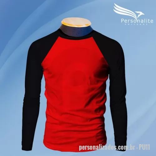 Camiseta personalizada - Camiseta raglan, manga longa, personalizada com seu logotipo (silk ou bordado), produzida em tecido Dryfit, Piquet PA ou Poliester com Viscose (PV), disponível em diversas cores e com tamanhos do PP ao EXG.