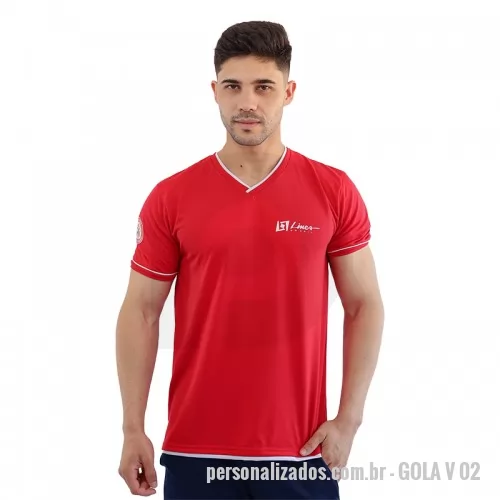 Camiseta personalizada - Camiseta gola V masculina manga curta. Podendo ser em diversos tecidos, e com opção de personalizar a sua logo e detalhes.