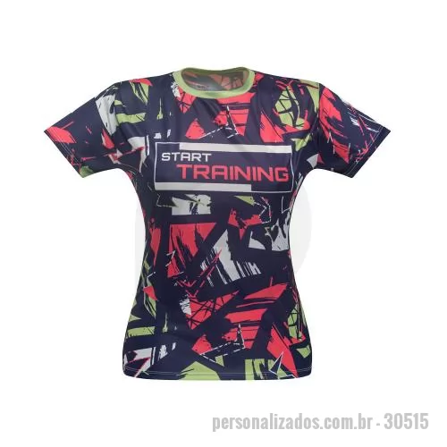 Camiseta personalizada - Camiseta feminina de corte cinturado em malha 100% polyester fiado 135 g/m2 com fio 30/1 polyester. Com gola em ribana 1x1 com fita de reforço e com costura dupla nas mangas, barra de fundo e laterais. Tamanhos: P, M, G, GG. Gravação em sublimação so