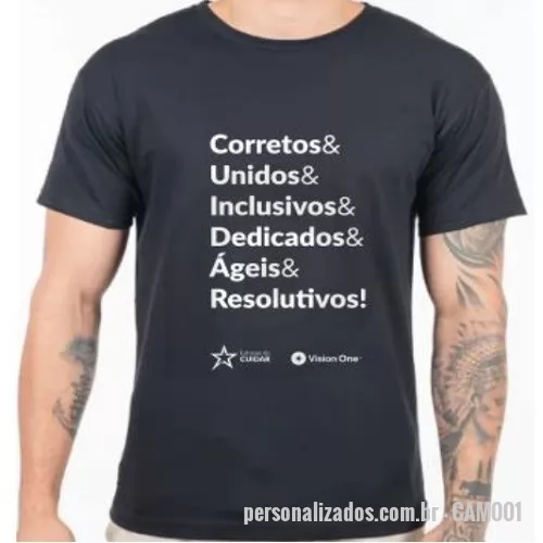 Camiseta personalizada - Camiseta Personalizada em malha 100% algodão Fio 30.1 Penteado, costura reforçada de ombro a ombro com cobre gola. Disponível em gola careca (redonda) e gola V. Nas cores: Preta, branca, cinza claro, cinza escuro (chumbo), grafite, azul turquesa, azul royal, azul marinho, verde musgo, verde bandeira, verde cítrico, amarelo ouro, amarelo canário, vermelha, rosa claro, rosa escuro (pink), vinho, marrom, roxa e laranja. Personalização em Silkscreen