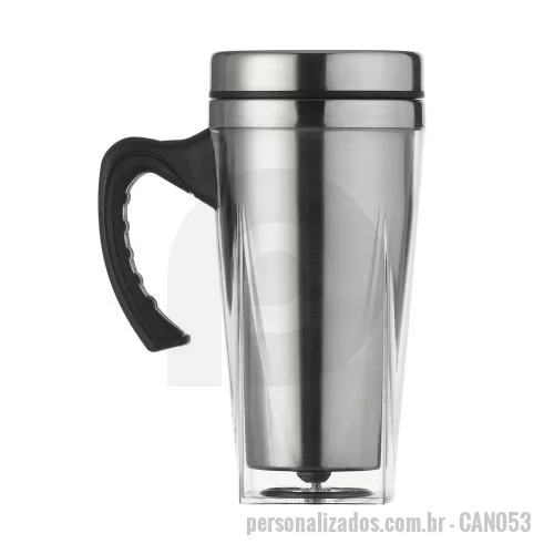 Caneca acrílica personalizada - Caneca acrílica de 450ml com fundo quadrangular, cabo plástico resistente e compartimento interno em inox, oferecendo visual moderno e boa praticidade para bebidas no dia a dia. A tampa plástica conta com detalhe metálico e abertura no bocal, facilit