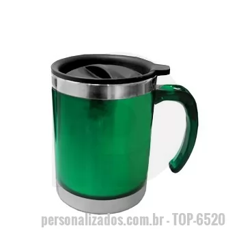 Caneca acrílica personalizada - Caneca acrílica 400ml com detalhe oval no pegador, revestimento interno e detalhes em inox. Tampa plástica resistente com sistema giratório para abertura(não é térmica).