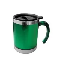 Caneca acrílica 400ml com detalhe oval no pegador, revestimento interno e detalhes em inox. Tampa plástica resistente com sistema giratório para abertura(não é térmica).