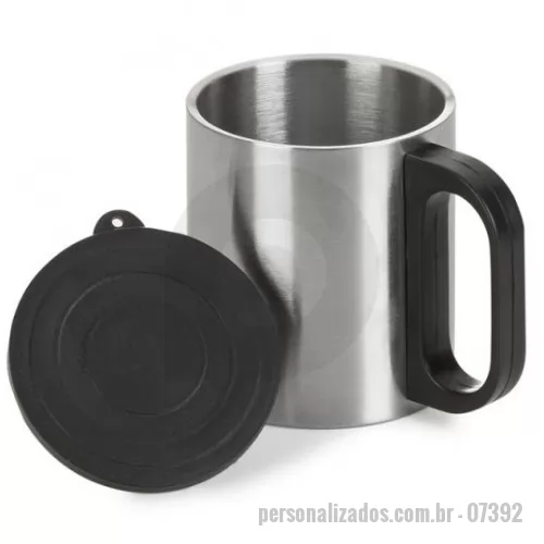 Caneca de Alumínio personalizada - Caneca de inox 180ml com cabo e tampa em plástico resistente (não é térmica).