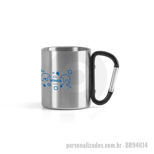 Caneca de Alumínio personalizada - Caneca em aço inox, com pega em forma e função de mosquetão. Capacidade até 230 mL. Certificação EU Food Grade. Fornecido em caixa presente preta.