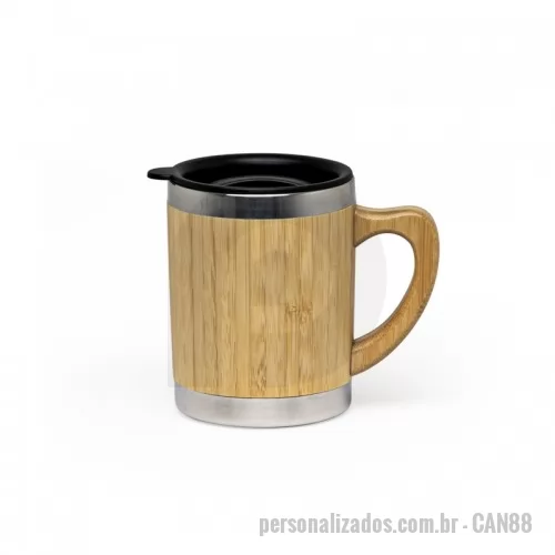 Caneca de Bambu personalizada - Caneca de bambu personalizada com capacidade de até 300ml. Possui corpo revestido em bambu, alça de bambu e tampa plástica com bocal e trava de segurança. 