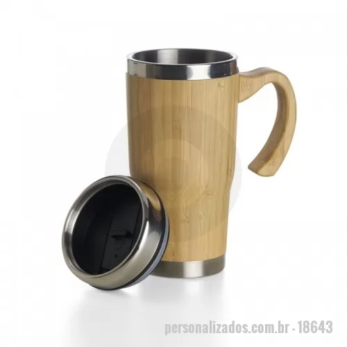 Caneca de Bambu personalizada - Caneca Bambu de 500ml, pegador de bambu e parte interna em inox. Possui tampa com compartimento que pode ser aberto para beber.