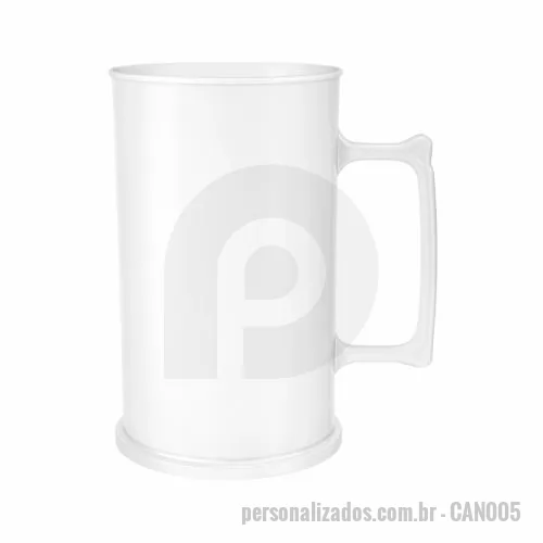 Caneca de chopp personalizada - Caneca de chopp com capacidade de 300 ml, produzida em poliestireno resistente, com altura de 11,0 cm, diâmetro da boca de 6,3 cm e base de 6,6 cm, apresentando estrutura leve de apenas 53 gramas e formato cilíndrico com alça integrada que proporcion