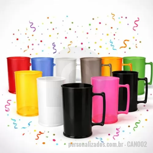 Caneca de chopp personalizada - Caneca de chopp com capacidade de 450 ml, produzida em poliestireno, com peso aproximado de 65 gramas, altura de 12,0 cm, diâmetro da boca de 7,3 cm e base de 7,4 cm, oferecendo estrutura leve e resistente para uso em diferentes ocasiões. Possui desi