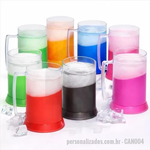 Caneca de chopp personalizada - Caneca de chopp gel congelante com capacidade de 450 ml, produzida em poliestireno, com peso aproximado de 310 gramas, altura de 13,8 cm, diâmetro da boca de 8,0 cm e base de 10 cm, desenvolvida com parede dupla contendo gel térmico interno. Esse gel