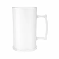 Caneca de chopp com capacidade de 300 ml, produzida em poliestireno resistente, com altura de 11,0 cm, diâmetro da boca de 6,3 cm e base de 6,6 cm, apresentando estrutura leve de apenas 53 gramas e formato cilíndrico com alça integrada que proporcion