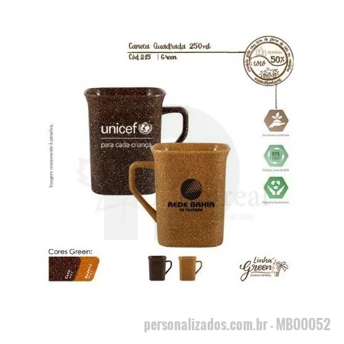 Caneca ecológica personalizada - Caneca Quadrada 250ml Green Sustentável feito com 50% de fibra de coco ou madeira e 50% de Plástico Premium (PP). atóxico, resistente à microondas e máquina de lavar, capacidade de 250ml.