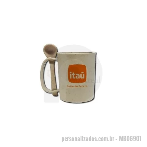 Caneca ecológica personalizada - Feita com fibras de bambu Acompanha uma colher Medidas: 9,5 x 10,5 cm Volume nominal de 360ml
