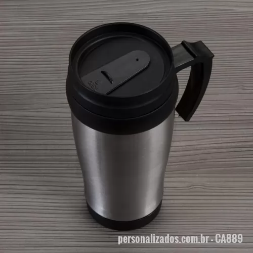 Caneca Inox personalizada - Caneca de inox com detalhes plásticos. Tampa com vedação e bocal com trava de segurança. Capacidade de 400ml. 