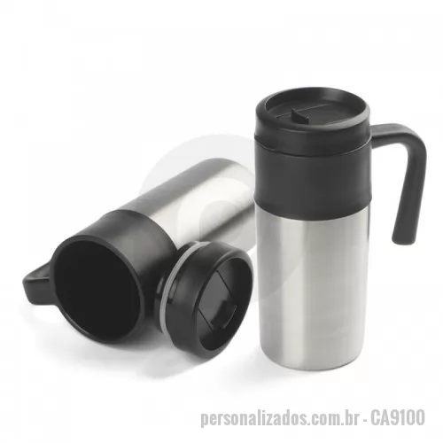 Caneca Inox personalizada - Caneca em aço inox de 350ml com tampa plástica. Tampa com anel de silicone antivazamento. Bico com trava de vedação.  Dimensão do produto: 16,3xø7cm Peso do produto: 0,176kg