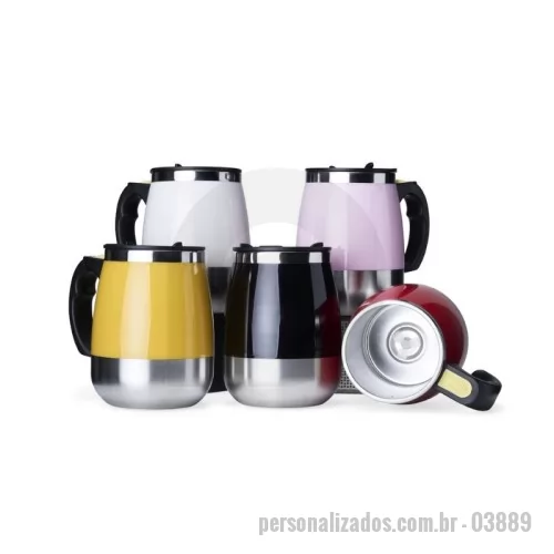 Caneca Inox personalizada - Caneca de inox com detalhes plásticos, capacidade de 400ml. Tampa com vedação e bocal com trava de segurança.