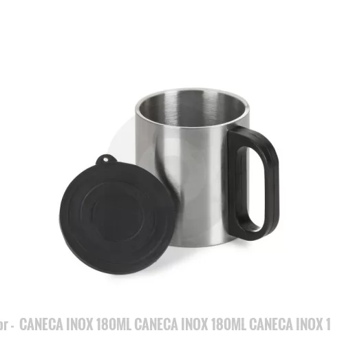 Caneca Inox personalizada -  Caneca de inox 180ml com cabo e tampa em plástico resistente (não é térmica).