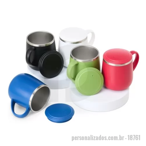 Caneca Inox personalizada - Caneca 370ml parede dupla em Inox, com pegador de plástico, contém tampa plástica para vedação e base com EVA antiderrapante.