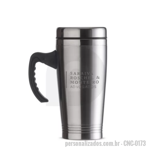 Caneca Inox personalizada - Caneca inox de 450ml, pegador de plástico e parte interna em inox. Possui tampa com compartimento que pode ser aberto para beber(não é térmica). 