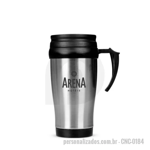 Caneca Inox personalizada - Caneca de inox com detalhes plásticos, capacidade de 400ml. Tampa com vedação e bocal com trava de segurança.