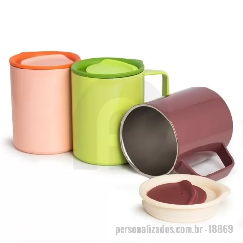 Caneca Inox personalizada - Caneca feita em inox, com parede dupla e capacidade de até 270ml. Suas cores chamativas e aspecto brilhante tornam este item, único.