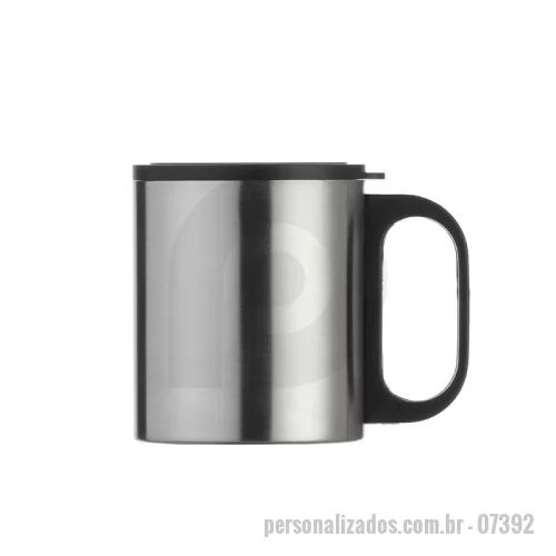 Caneca Inox personalizada - Caneca de inox 180ml com cabo e tampa em plástico resistente (não é térmica).