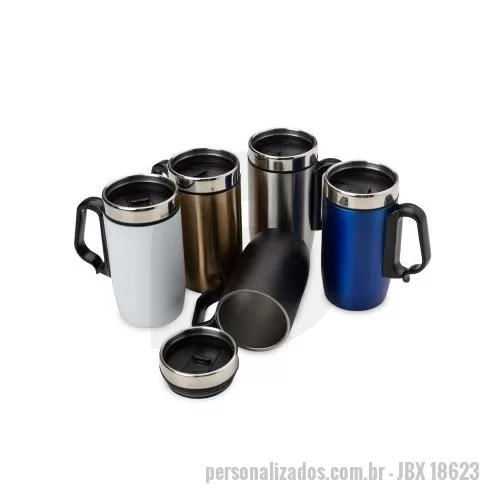 Caneca Inox personalizada - Caneca 250 ml parede dupla em Inox, com pegador de plástico, contém tampa com compartimento que ao deslizar, pode ser aberto para beber e base com EVA antiderrapante.