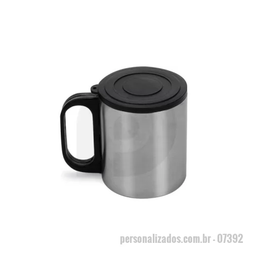 Caneca Inox personalizada - Caneca de inox 180ml com cabo e tampa em plástico resistente (não é térmica).