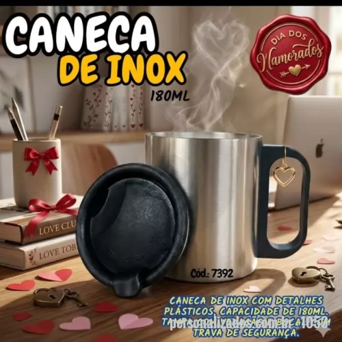 Caneca Inox personalizada - Caenca de Inox 180ml, com detalhes em plastico, com tampa de vedação e Bocal com trava de segurança.