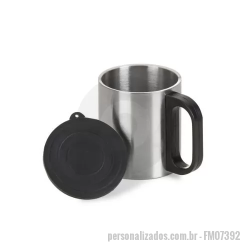 Caneca Inox personalizada - Descrição: Caneca de inox 180ml com cabo e tampa em plástico resistente (não é térmica).  Altura :  8,1 cm  Largura :  10 cm  Circunferência :  21,5cm  Medidas aproximadas para gravação (CxL):  7,5 cm x 6 cm  Peso aproximado (g):  84