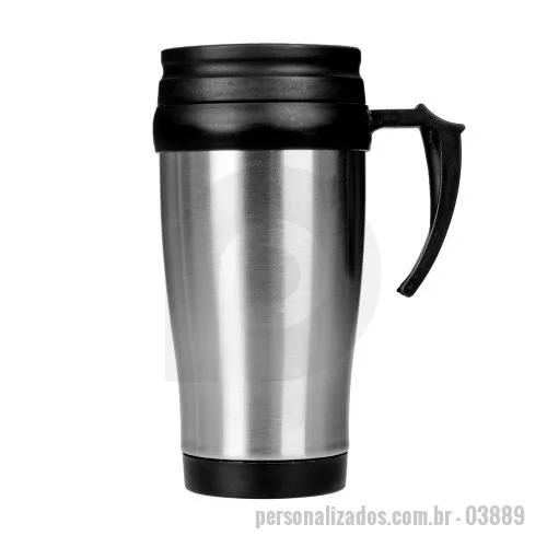 Caneca Inox personalizada - Caneca de inox com detalhes plásticos, capacidade de 400ml. Tampa com vedação e bocal com trava de segurança.  Material: Inox Altura: 17,2 cm Largura: 12 cm Medidas para gravação (C x L): 7 cm x 8 cm Peso: 172 g