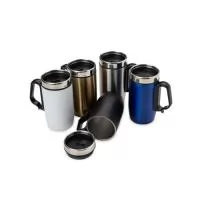 Caneca 250 ml parede dupla em Inox, com pegador de plástico, contém tampa com compartimento que ao deslizar, pode ser aberto para beber e base com EVA antiderrapante.