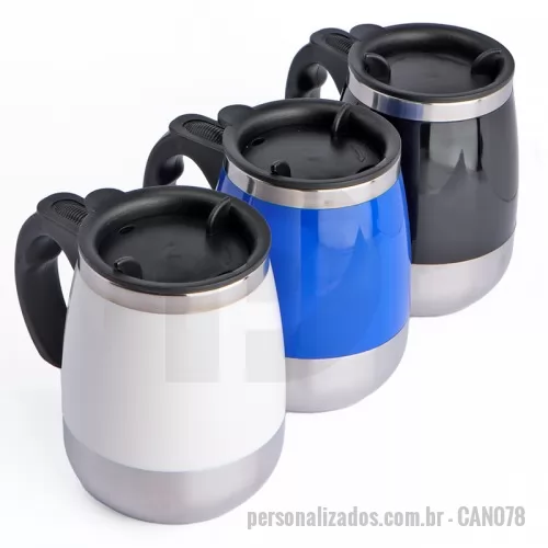 Caneca Mixer personalizada - Caneca plástica mixer em aço inox na parte interna com capacidade de até 400ml. Ideal para fazer a junção de suas bebidas em pó. Para a função mixer funcionar é necessário 2 pilhas AAA, não acompanha.