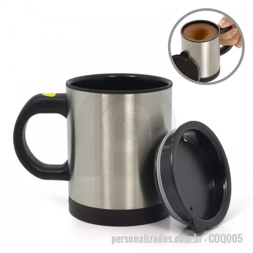 Caneca Mixer personalizada - Caneca mixer 450ML com gravação personalizada. Confeccionada em aço inox, este item é ideal para chá, café, chocolate quente ou até mesmo sopa. Consiga ótimos resultados com o mínimo esforço, simplesmente pressione o botão amarelo por alguns segundos e deixe que a caneca faça o resto. Alimentação: 2 pilhas AAA. Capacidade: 380ml. Cuidados: não utilize a caneca para misturar produtos muito densos ou com pedaços de alimentos. *Pilhas não inclusas.