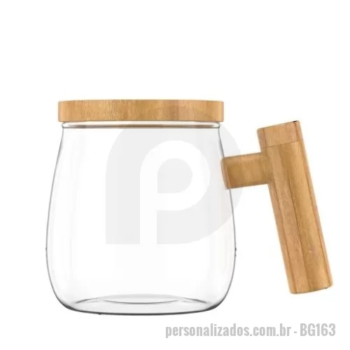 Caneca Mixer personalizada - Caneca em vidro borossilicato com mixer e tampa de bambu, capacidade de 400ml, incluso 2 pilhas AAA.