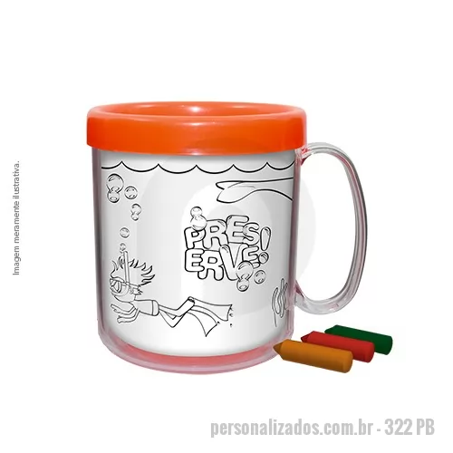 Caneca para colorir personalizada - Caneca plástica injetada, atóxica, formada por duas peças encaixáveis e um refil (impressão preto e branco) para colorir. Acompanha 3 unidades de giz de cera. Capacidade de 300 mL