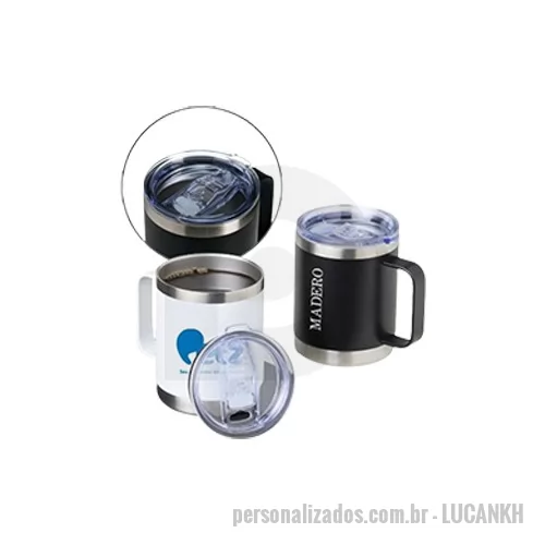 Caneca personalizada - Caneca Kaffe Hermética para Brinde em aço inox com capacidade de 390 Ml e parede dupla, com alça reforçada, tampa acrílica hermética com bocal, sistema antivazamentos e trava de segurança que mantem a temperatura da sua bebida conservada com uma caneca térmica personalizada!