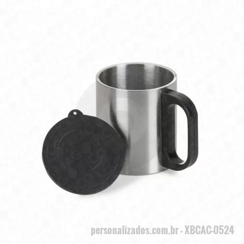 Caneca personalizada - Caneca de inox 180ml com cabo e tampa em plástico resistente (não é térmica). MEDIDAS: Tamanho total aproximado: Altura: 8,1 cm. Largura: 10 cm. Circunferência: 21,5 cm. Peso aproximado (g): 84. GRAVAÇÃO: Laser ou Sublimação ou Silk Screen 1 a 3 cores.