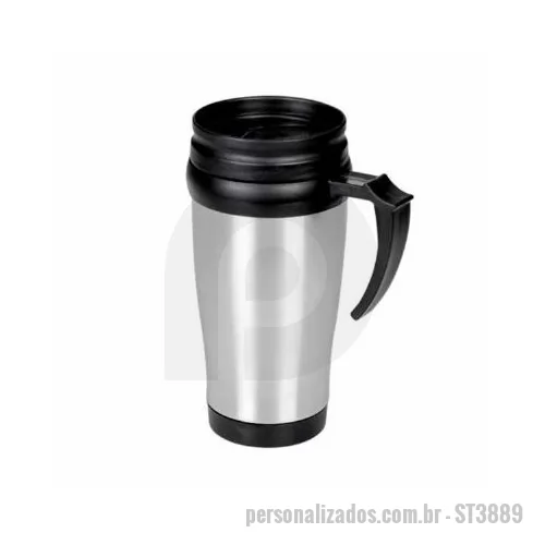 Caneca personalizada - Caneca inox personalizada de 400 ml, com pegador, tampa rosqueável, compartimento que pode ser aberto para beber.