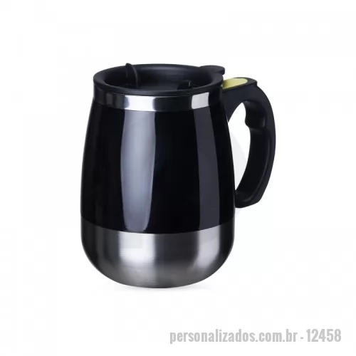 Caneca personalizada - Caneca de inox com misturador de bebida, feita em parede dupla com capacidade de 350ml. Contém tampa plástica com bocal e trava de segurança. Para o funcionamento, utiliza-se duas pilhas AAA (não acompanha).