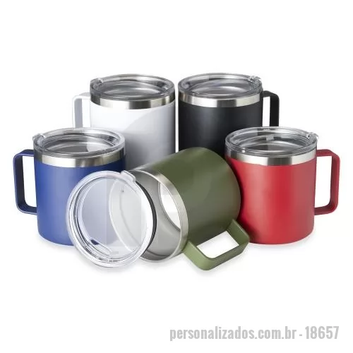 Caneca personalizada - Caneca térmica de inox 450ml com parede dupla e tampa com acesso ao bocal.